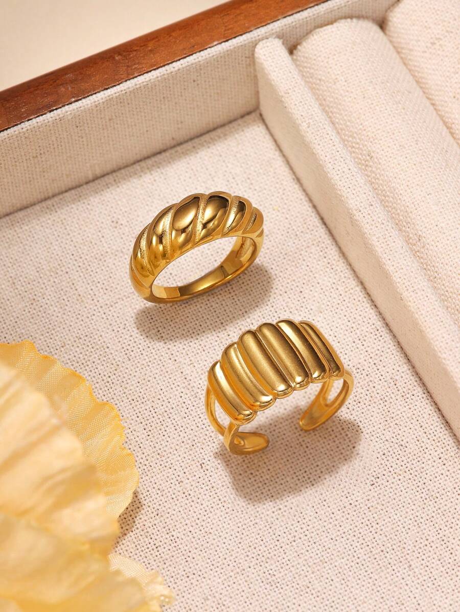 2 件不锈钢金色扭绳戒指,1 个可调节开口戒指和 1 个可选尺寸戒指,适合女性日常配饰或礼物 - 金黃色 - 查看 1