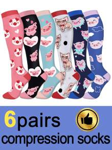 6 đôi tất nén unisex, họa tiết mèo và heo dễ thương, tất nén cổ cao phù hợp cho chạy bộ, đạp xe, leo núi, du lịch và các hoạt động thể thao khác. - Nhiều màu - Xem 8