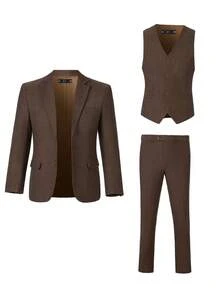 男童三件套粗花呢西装套装，幼儿燕尾服正装，婚礼花童礼服，婚礼西装外套、马甲、裤子，儿童正装，深棕色，尺码 6-14 岁