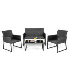 GOFLAME  4 Pcs Wicker Patio Furniture Set Outdoor Conversation Set W/Tempered Glass Table - Black - View 2