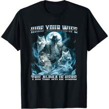 Retro Hide Your Wife The Alpha Is Here Funny Wolf Meme Men T-Shirt Oversized Short Sleeve Classic Heavy Cotton T Shirt Printed Graphic Tee Women's Casual Short-Sleeved Top - Thiết kế 9 - Xem 1