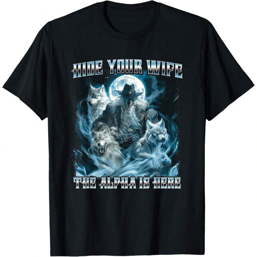 Retro Hide Your Wife The Alpha Is Here Funny Wolf Meme Men T-Shirt Oversized Short Sleeve Classic Heavy Cotton T Shirt Printed Graphic Tee Women's Casual Short-Sleeved Top - Thiết kế 9 - Xem 1