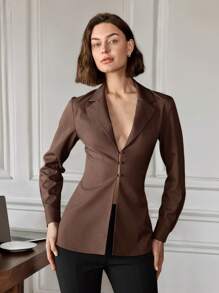 Women's Long Sleeve Elegant Solid Color Peter Pan Collar Fitted Blouse - Brown - View 8