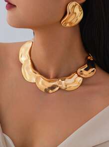 1 套时尚奢华液态金属不对称几何项链和耳环，适合女士 - 礼物创意 - 约会之夜