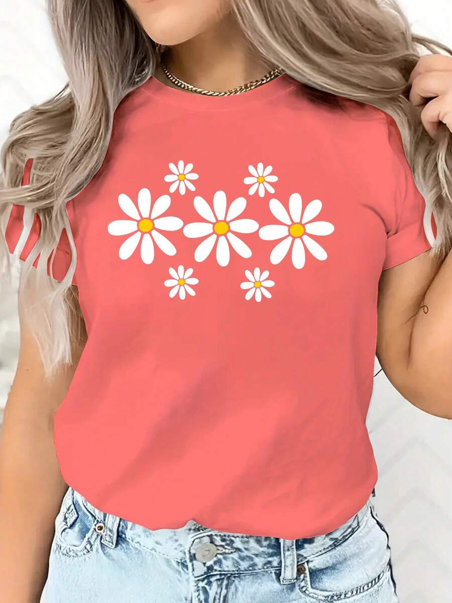 Valentine's Day European And American Spring Summer Women's Clothing Small Daisy Print Casual T-Shirt Loose And Comfortable Summer Tops White Top - 玫紅色 - 查看 1