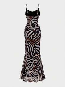 Sexy elegantes Maxikleid mit tief ausgeschnittenem Ausschnitt, slim fit, mit Zebra-Muster, feminin elegant, geeignet für Urlaub & Alltag