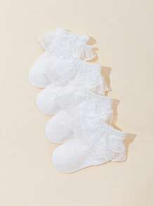 4 Pairs Baby/Toddler Girls Solid Color Lace Trim Mesh Breathable Soft Socks, Suitable For Daily Wear Or Valentine's Day Outfit - White - View 13