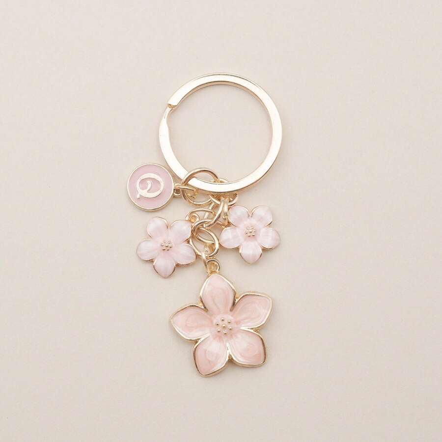 Cherry Blossom Pink/White Flower Charms Keychain With Custom Name Initial Bridesmaid Gifts Summer Beach Vacation - Multicolor - View 1