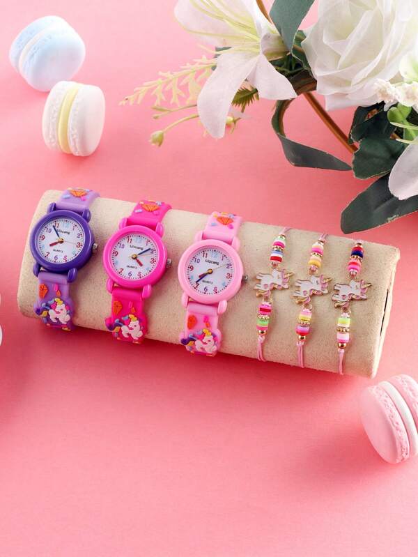 3-delige set voor meisjes: 1 quartz eenhoorn wijzerplaat casual horloge + 3 eenhoorn legering armbanden, veelzijdig voor dagelijks gebruik en als cadeau