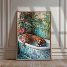 1pc Leopard In Bathtub Wall Art Picture Tropical Jungle Bathroom Canvas Prints Paintings Playful Animal Poster Bold Maximalist Decor For Bedroom,Living Room,Dorm Wall Decor No Framed
