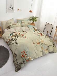3 件套复古花卉和鸟类印花被套套装 - 包括 1 个被套和 2 个枕套，透气涤纶，可机洗 - 适合所有季节