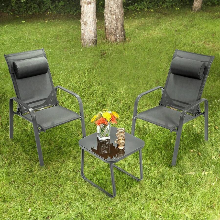 GOFLAME ERGOMASTER  3PCS Patio Bistro Set  Conversation Furniture Coffee Table And 2 Stackable Chair - Grey - View 1