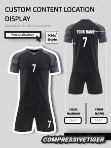 2pcs Boy's Personalized Soccer Jersey - Customizable Name And Number Print Stripe Decor Short Sleeve T-Shirt + Shorts Co-Ord Quick-Drying Sweat-Absorbing Sports Set As Gift - Black - View 1