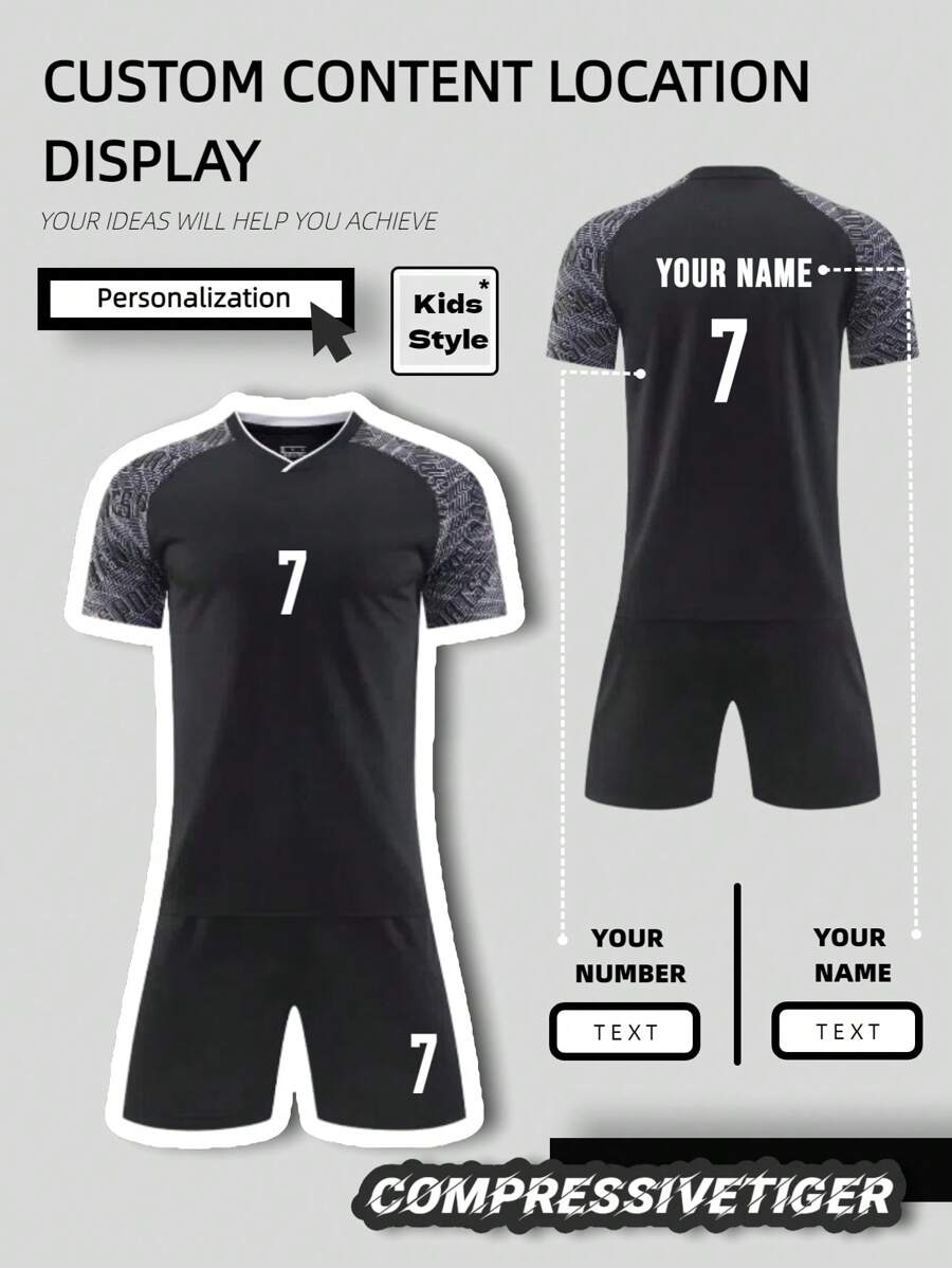 2pcs Boy's Personalized Soccer Jersey - Customizable Name And Number Print Stripe Decor Short Sleeve T-Shirt + Shorts Co-Ord Quick-Drying Sweat-Absorbing Sports Set As Gift - Black - View 1