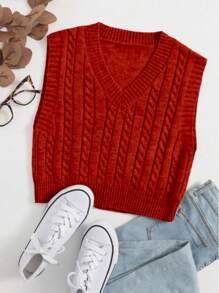 V-Neck Braided Knit Sweater Vest - Đỏ - Xem 1