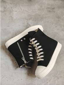 1 双男女通用鞋，尺码说明：（35-39 码建议选小一码），情侣鞋和男士 2025 新款春季厚底增高复古运动高帮帆布鞋，侧拉链，情侣帆布鞋 - 黑與白 - 查看 3