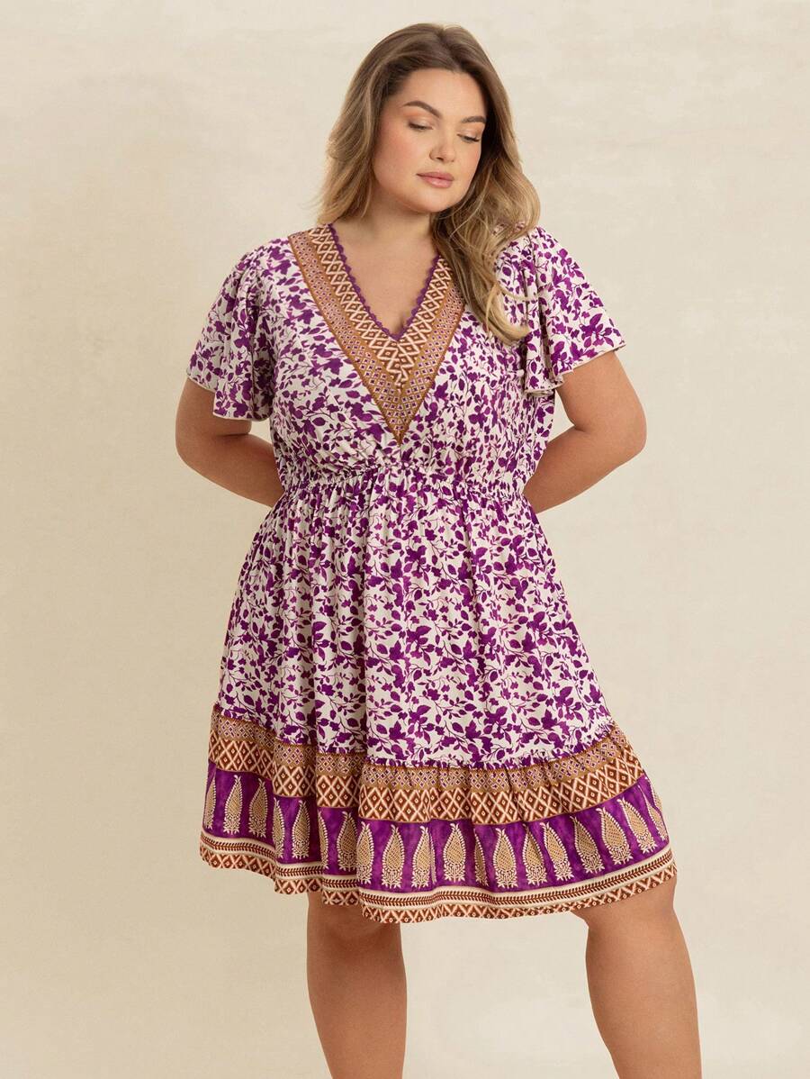 Rusttydustty 春夏女式加大码紫色碎花V领短袖拼接连衣裙，适合海滩度假、情人节、音乐节等场合。 - 紫色 - 查看 1