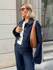 Áo khoác denim ve dài tay thời trang nữ - Màu xanh hải quân - Xem 7