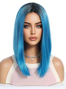14 英寸合成假发棕色渐变蓝色长直发带刘海合成纤维假发头发替换假发适合女性女孩 - 漸層藍色 - 查看 2