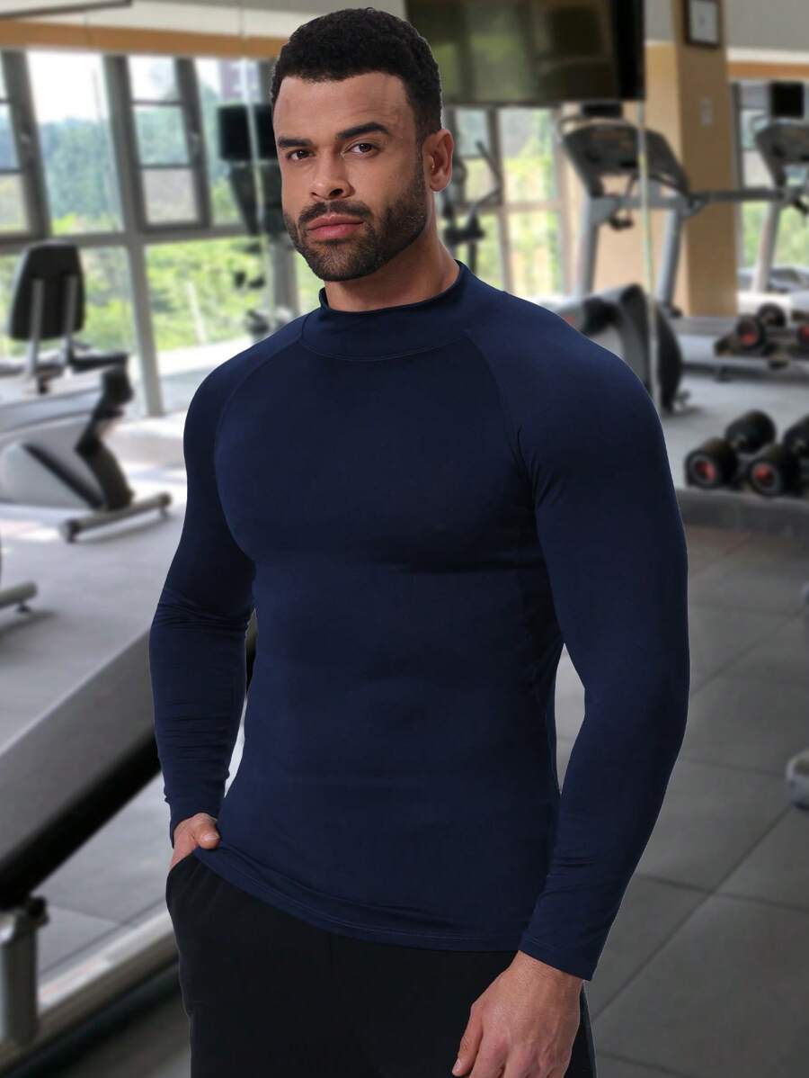 Wysoka elastyczność, szybkoschnący, kompresyjny golf z długim rękawem, obcisły top fitness, męski sportowy, szybkoschnący, oddychający, termiczny podkoszulek do biegania, ćwiczeń, ochrony przed słońcem - Królewski Niebieski - Zobacz 1