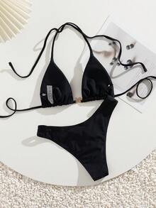 2 件套女士性感时尚 INS 风格蝴蝶结金属装饰比基尼套装，适合夏季海滩度假 - 黑色 - 查看 2