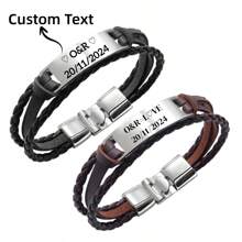 [定制] 1 件多层 PU 皮革和不锈钢男士手链，紫色和黑色朋克编织堆叠手链，个性化男士礼物，适合男朋友、父亲、日常佩戴或礼物 - 彩色 - 查看 2