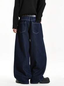 1pc Unisex Loose Fit Distressed Jeans With American-Style Sickle Patchwork, Casual Wide Leg Pants