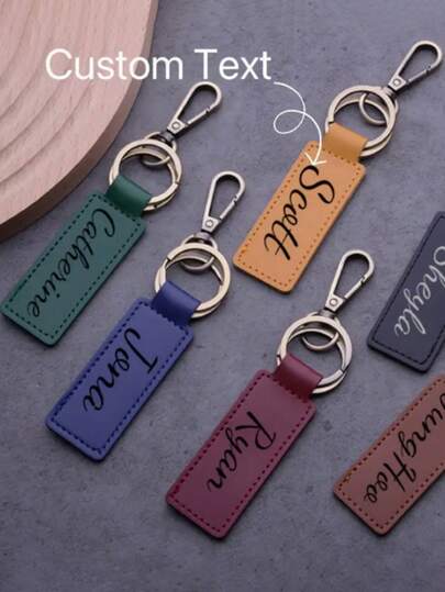 1pc Customized Text Creative PU Leather Solid Color Car Key Chain