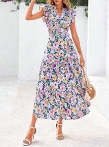 Women's Summer Print Mid-Length Dress With Sleeve Cap V-Neck Ruffled Long Flowing Bohemian Style Casual Beach Holiday Dress - 紫底粉花 - 查看 3