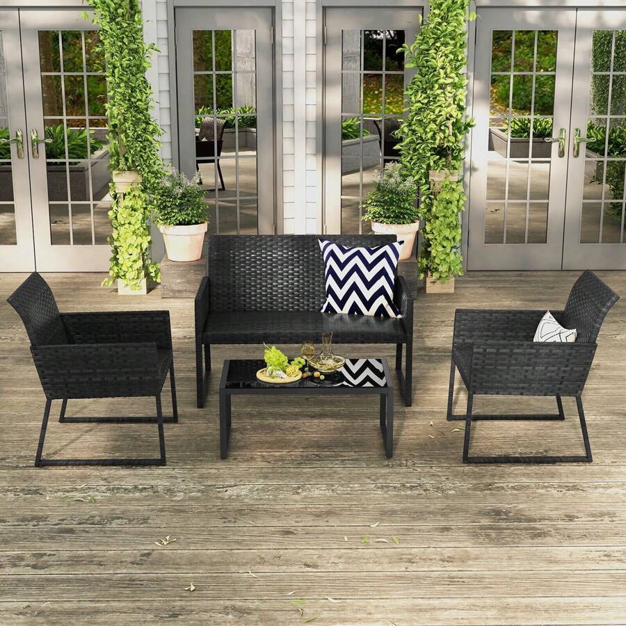 GOFLAME  4 Pcs Wicker Patio Furniture Set Outdoor Conversation Set W/Tempered Glass Table - Black - View 1