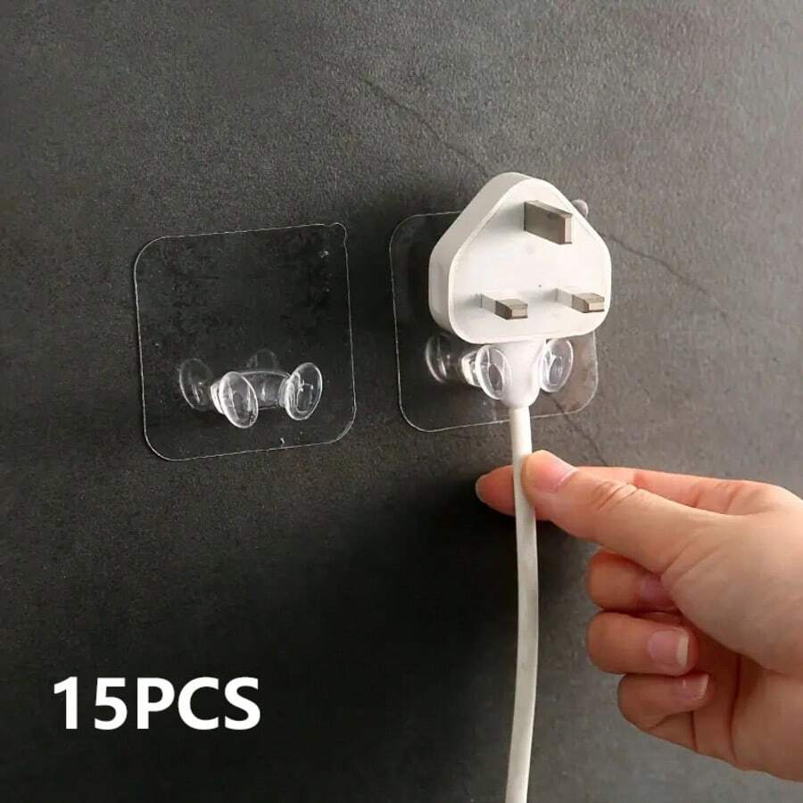15 个透明墙钩，用于电源插头，休闲塑料自粘式无钻无痕电缆管理挂钩，抛光壁挂式，易于安装实用整理器 - 适合家庭和办公室！ - 彩色 - 查看 1