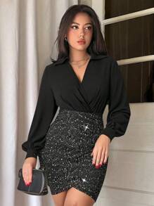Completo da donna slim fit con vestito aderente nero goffrato, elegante abito da sera con camicia e minigonna, adatto per primavera/estate/autunno