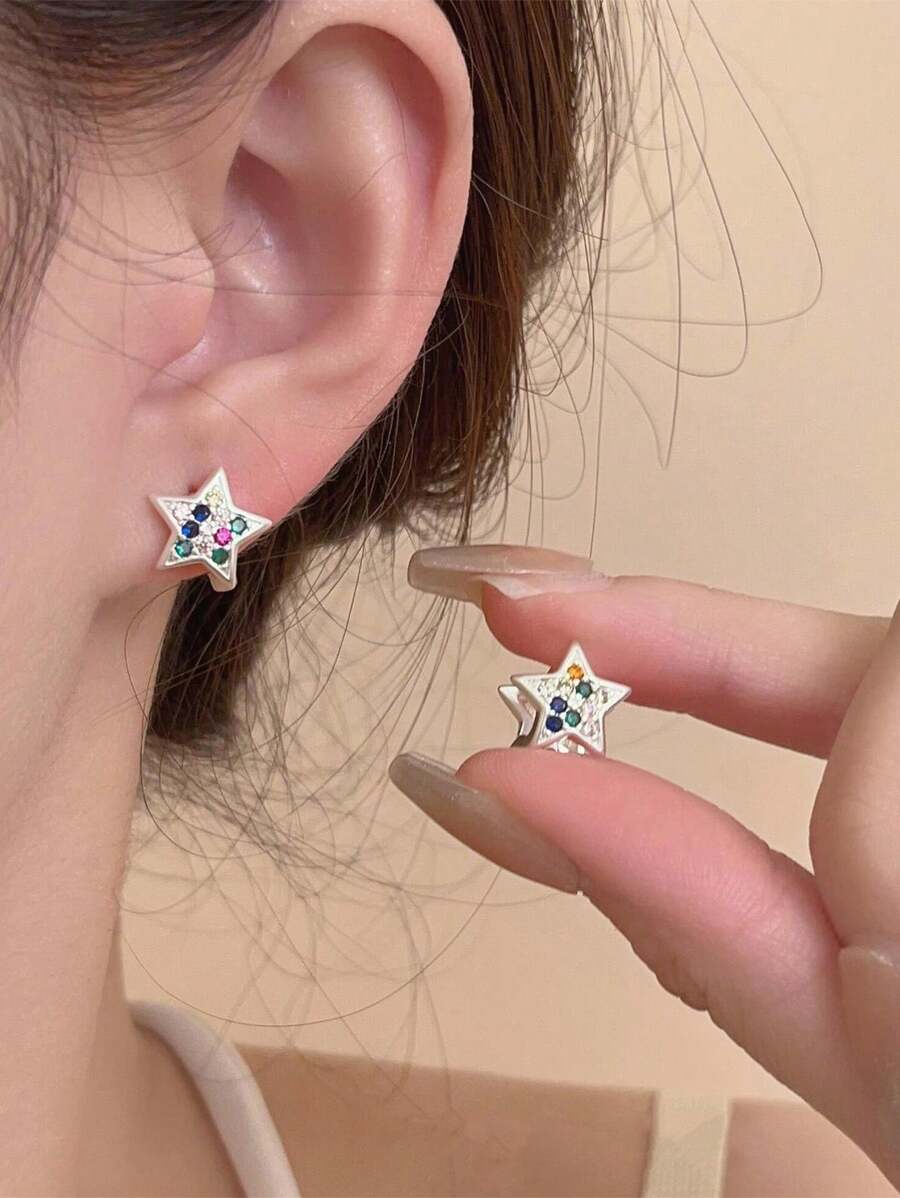 1 Cặp bông tai hình ngũ giác bằng đồng mạ Zirconia, thích hợp cho phụ nữ đeo hàng ngày - Bạc - Xem 1