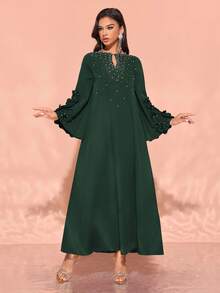 Women's Handmade 3D Floral Elegant Front Placket Beaded Formal Dress,Modest