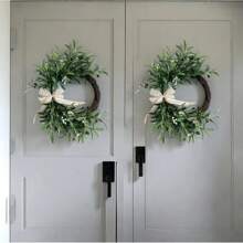 1 Peça Grinalda de Azeitona Verde Artificial com Flores Brancas e Fita - Perfeito para Decoração Rústica Interna/Externa, Parede ou Janela, Ótimo para Casa, Festivais, Decorações de Casamento