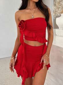 女士两件套，适合度假、派对、婚礼：包括红色抹胸短款上衣和荷叶边下摆迷你裙，花卉图案，弹力针织面料，完美修饰身材，适合返校、毕业典礼、乡村音乐节