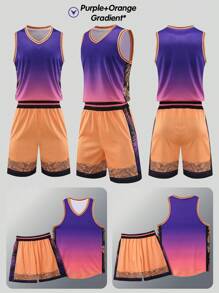 2pcs Personalized Tween Boys Training Basketball Jersey- Customized Team Name,Number And Photo Print Gradient Tank Top+Shorts Sports Set & Casual Wear Spring/Summer - Purple - View 2
