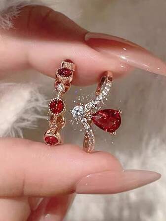 2 Pairs Vintage Luxury Red Teardrop Open Ring Set, Suitable For Women Wear Anytime