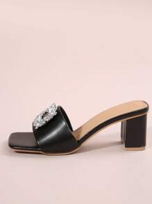 New Summer Women's Rhinestone Square Buckle Sandals, Fashion High Heel Slippers, Thick-Heel Slip-On Slippers, Suitable For Dating, Shopping, Commuting, Business, Home, Leisure