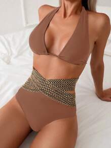 2 件套夏季超性感女士比基尼套装，高腰修身泳装