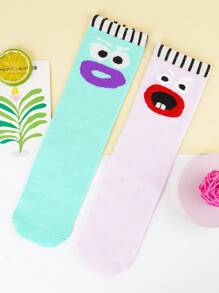 1 Pair Fun Cartoon Pattern Socks With Elastic Cuff, Made Of Polyester And Spandex, Knee-High Length, Knitted Fabric, Suitable For Boys And Girls, Funny Design, Hand Wash, Suitable For Year-Round Wear, Perfect For Home, School, Party, Outdoor, And Holiday Gift