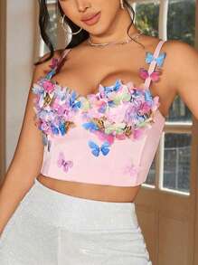 Rave Romantic Sweetness Pink Colorful Butterfly Applique Rhinestone Decor Backless Bustier Corset Shapewear Crop Cami Top - Pink - View 2
