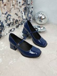 复古法式玛丽珍鞋，女士新款春季高跟小皮鞋，方头粗跟高跟鞋