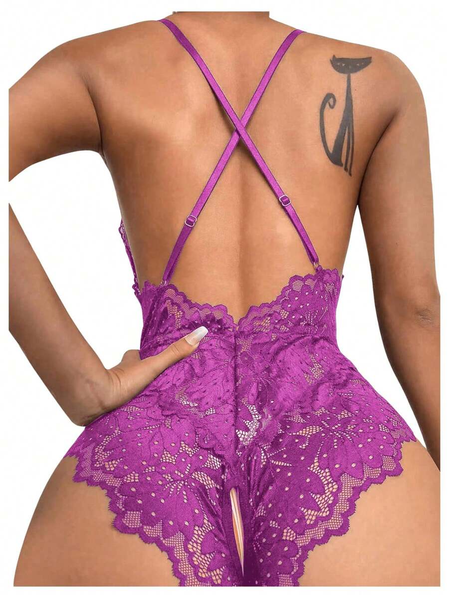 Crotchless Lace Halter Backless Teddy Lingerie With Criss Cross Straps, Rave - Purple - View 1