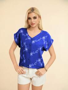 V-Neck Blouse With Short Sleeves, Embroidered And Openwork, - 藏蓝色 - 查看 4