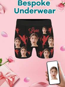 1-Piece Men's Custom Underwear, Printed With Facial Photos, Customized Personalized Men's Boxer Briefs With Face Portraits Personalized Customized For Boyfriend And Husband, Cupid Pattern Love Letter Printed Fashion Boxer Briefs, High Stretch And Comfortable Underwear, Four Seasons Can Wear Holiday Gifts.