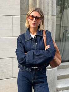 Áo khoác denim ve dài tay thời trang nữ - Màu xanh hải quân - Xem 9