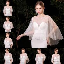 时尚蕾丝新娘婚纱披肩柔软派对夹克披肩仿珍珠斗篷连衣裙装饰透明宝石领女士连衣裙秋季女士服装 - 白色 - 查看 4