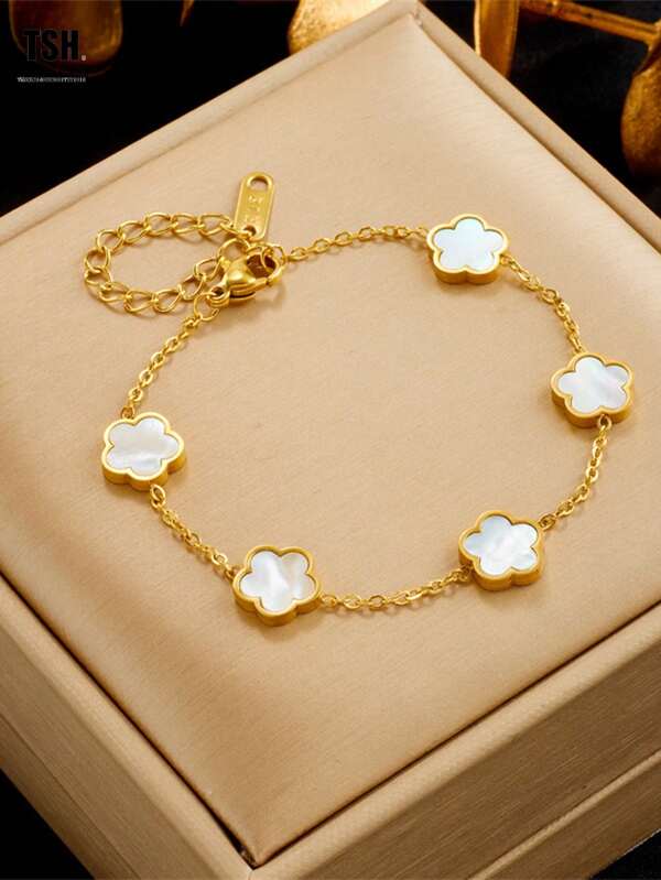 1pc Fashionable Elegant Retro Versatile Floral Titanium Steel Lucky Five-Petal Bracelet, Double-Sided Mother Of Pearl Lucky Clover Five-Leaf Stainless Steel Bracelet