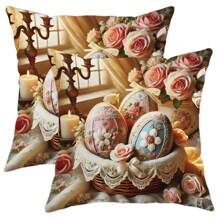 2pcs Easter Decoration Easter Eggs Rose Floral Velvet Throw Pillow Covers Vintage Gorgeous Pink Blue Cosy Soft Decorative Pillowcases One Sided Printing For Spring Living Room Bedroom Sofa Bed Decor Without Pillow Inserts - Pink - View 1